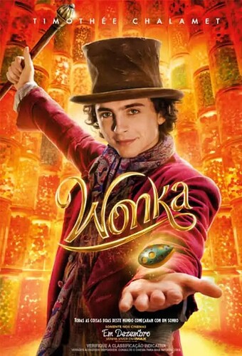 Filme Wonka / pessoa de braços abertos e esticados, com uma mão esticada paracom uma pedra flutuando em sua palma.